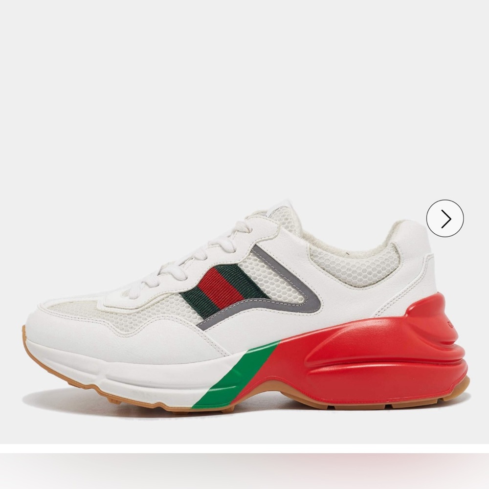 Gucci Rhyton sneaker in white leather with the signature green and red web